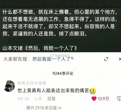 这是一张微博平台的社交媒体截图，上方是日本作家山本文绪作品《然后，我就一个人了》的文字摘录，内容生动刻画了人想在床上偷懒躺平，却又因工作毫无进展而焦躁不安，既没有动力起身干活，又被自我的催促裹挟，最终因这种矛盾的拉扯情绪掉眼泪的状态；下方是该内容下的热门评论区，用户“稀奇古怪不嘻嘻”留言称“世上竟真有人能表达出来我的痛苦”并附带哭脸表情，该评论获得10.9万点赞，界面还显示该内容总共有9244条评论，还有“大家都在搜：然后我就一个人了”的搜索提示，充分体现这段文字精准戳中了大量网友的情绪痛点，引发广泛共鸣。