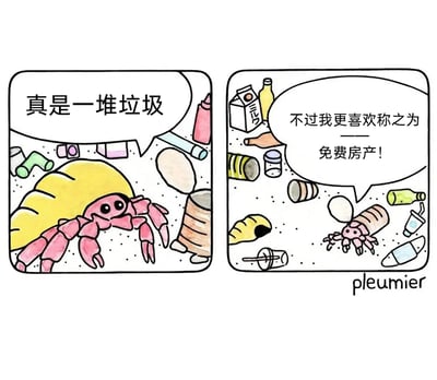 这是一幅由画师pleumier创作的左右分栏连环讽刺漫画。左栏中，一只背着完整天然螺壳的大寄居蟹，面对满地的人类废弃垃圾，满脸嫌弃地吐槽“真是一堆垃圾”；右栏里，一只没有合适天然螺壳的小寄居蟹，将一个类似罐子的垃圾当作自己的“螺壳”背在身上，开心地将这些海洋垃圾定义为“免费房产”。漫画通过拟人化的手法，以两只寄居蟹的视角反差，既制造了幽默效果，又尖锐地讽刺了海洋垃圾污染的现状，展现了不同处境的生物对同一环境的截然不同的认知。