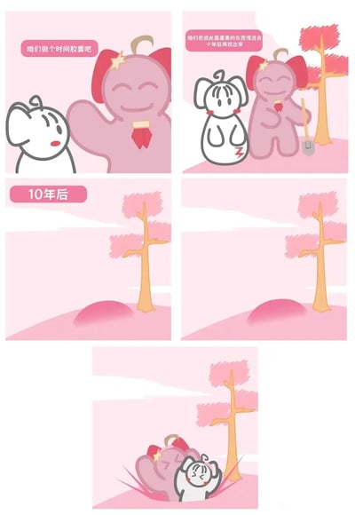 这是一组由五格画面组成的温馨卡通连环漫画。第一格中，粉色大耳朵卡通角色笑着向白色小象提议制作时间胶囊，白色小象露出惊讶的表情；第二格中，粉色角色手持铲子，提议将彼此最重要的东西埋入，十年后再挖出，白色小象安静倾听；第三、四格展示了十年后的场景，只剩下当初的粉色树木和埋东西的土堆；第五格中，两个卡通角色笑着从土堆里钻了出来，原来他们把彼此当成了最重要的东西埋进了时间胶囊，传递出双向珍视、温暖治愈的情感。