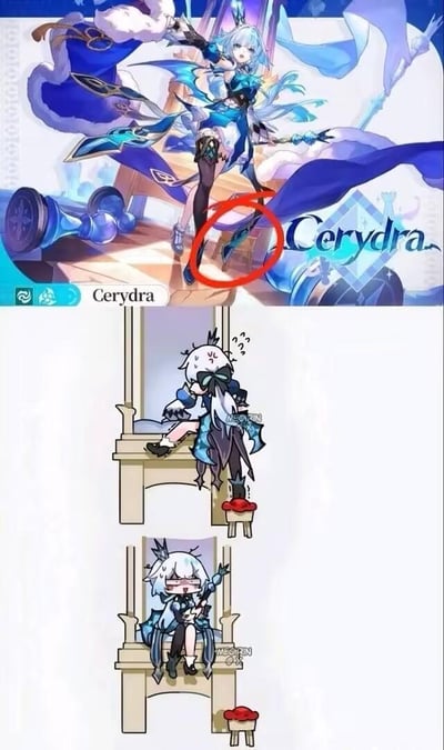 这是一组针对二次元角色Cerydra立绘的视觉错觉创作的搞笑梗图。上方是蓝白配色的水系风格二次元角色Cerydra的立绘，红圈标注的部分视觉上看起来像是角色的鞋，但实际是旁边小凳子的红色座垫；下方是两张Q版条漫：第一张里角色踩在带红座垫的小凳子上，误以为座垫是自己的鞋，抬脚时把座垫一起带走，露出疑惑的表情；第二张里角色坐到椅子上，才发现自己的鞋好好穿在脚上，被拿走的座垫掉在地上，角色露出崩溃又尴尬的表情，用生动的Q版剧情调侃立绘的视觉误导效果，充满吐槽感。