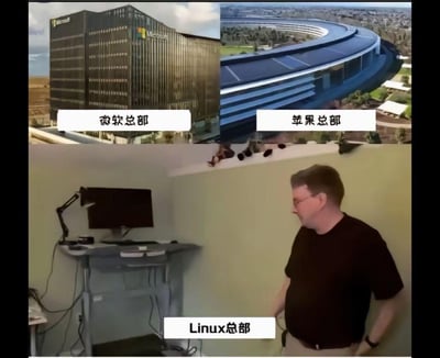 图片采用上下分屏对比形式，上半部分展示两家科技巨头的总部建筑：左侧是微软总部的高耸玻璃幕墙大楼，右侧是苹果总部标志性的圆形“飞船”园区，均体现出大型企业的宏伟气派；下半部分则画风突变，呈现一间极其朴素的房间，内有一张简易书桌、电脑和台灯，一名戴眼镜男子正望向角落，配文“Linux总部”，通过强烈的视觉反差幽默调侃Linux基金会相对简陋的办公环境与前两者的巨大差距。