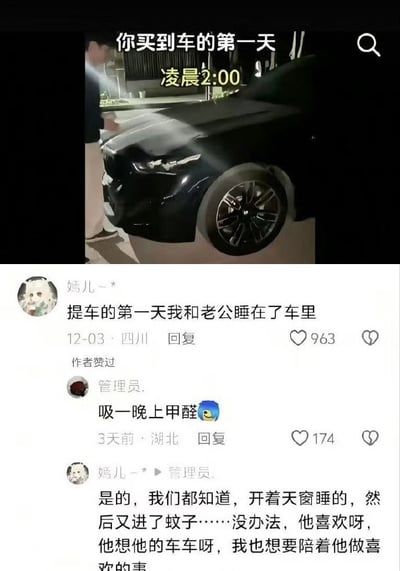 该图为社交媒体截图，上方是一张黑色汽车的照片，配文“你买到车的第一天 凌晨2:00”，展现新车车主在凌晨时分查看爱车的场景。下方是评论区互动：用户“嫣儿 - *”分享“提车的第一天我和老公睡在了车里”并获963赞，管理员调侃“吸一晚上甲醛”获174赞，原评论者回复称开天窗睡却进了蚊子，无奈又宠溺地表示“他喜欢呀，他想他的车车呀，我也想要陪着他做喜欢的事”。整体呈现新车车主的兴奋与生活趣事，评论互动充满幽默与温情。