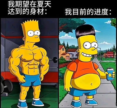 这是一张左右分栏的对比式卡通梗图，通过《辛普森一家》的角色巴特·辛普森的两种形象，制造理想与现实的强烈反差。左侧是人们期望在夏天拥有的完美身材：巴特身处健身房，拥有清晰的八块腹肌与健硕的手臂、腿部肌肉，表情严肃自信，双手叉腰展示体态；右侧是现实中的状态：巴特顶着锅盖头，挺着圆滚滚的啤酒肚，手里拿着带有星星标志的饮料罐，咧嘴傻笑着站在春田镇的街道上，尽显放纵吃喝后的慵懒。图上方的文字“我期望在夏天达到的身材：”与“我目前的进度：”精准点题，生动戳中了许多人立下健身塑形flag，却难以控制饮食、无法坚持锻炼的真实状态，充满搞笑感与共鸣感。