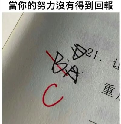 图片上方配有文字“当你的努力没有得到回报”，下方是一张试卷的特写，试卷上原本的“B”等级被红色叉号划掉，旁边手写了一个红色的“C”，并可见“21.”及“重”等字样。通过考试成绩被降级的场景，幽默地表达了努力未获预期回报时的无奈与失落情绪。
