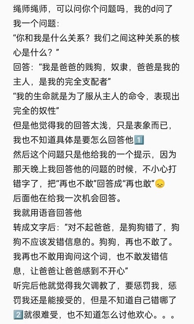 这是一张纯文字图片，内容是某人向“绳师”请教与“d”之间的关系问题。她之前回答自己是“爸爸的贱狗、奴隶”，但被认为回答太浅。后来因打字错误将“再也不敢”打成“再也敢”，重新语音回答后仍被认为需要惩罚，她感到难受且不知错在哪里，向绳师寻求帮助。