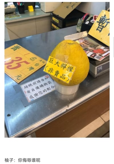 这是一张拍摄于台湾地区线下零售店铺收银台的实拍图，台面上的柚子被贴上了写有“巨大檸檬（非賣品）”的黄色标签，旁边还有标注“青 1包台灣 35元”的商品价签，以及提示“結帳前請告知有自備購物袋 感謝您的配合”的提示贴。图片下方配文“柚子：你侮辱谁呢”，用拟人化的吐槽方式调侃将柚子误认成巨型柠檬的乌龙，制造出轻松搞笑的效果。