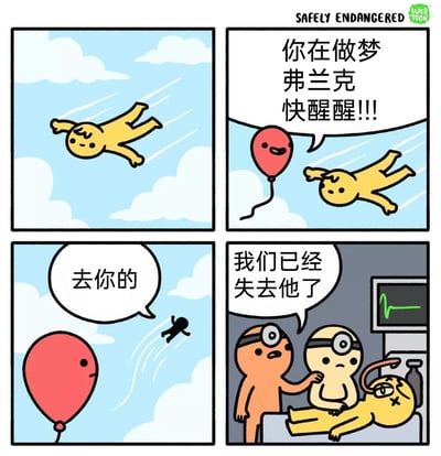这是一则四格反套路搞笑漫画：第一格中黄色卡通人物弗兰克正在天空中开心地自由飞翔；第二格中，一只拟人化的红气球漂浮到弗兰克身边，提醒他“你在做梦 弗兰克 快醒醒!!!”；第三格中红气球对着一个飞远的黑影说出“去你的”，似乎是拒绝了叫醒弗兰克的相关信号；第四格场景切换到医院，两个戴着手术镜的卡通医生站在病床边，橙色医生拍着浅色医生的肩膀说“我们已经失去他了”，病床上的弗兰克双眼打叉，呈现死亡状态，但旁边的监护仪却显示着正常的心跳波形，形成荒诞的反讽笑点，既讽刺了不愿脱离美好梦境面对现实的行为，又用监护仪的细节制造出黑色幽默的效果。