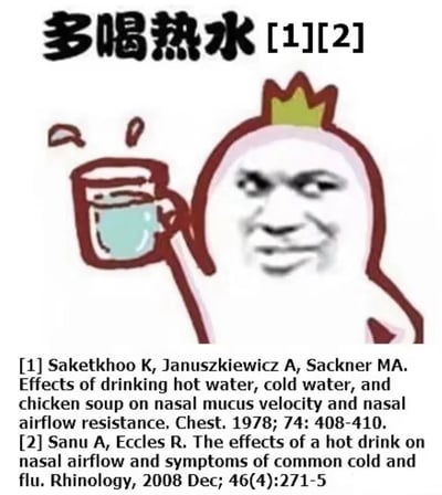 图中上方醒目地写着“多喝热水 [1][2]”，中间是一个戴着黄色小皇冠的卡通人物，正举着一杯冒着热气的蓝色水杯，人物面部采用了经典的搞怪meme表情。下方则一本正经地列出了两篇学术文献引用，分别来自1978年的《Chest》杂志和2008年的《Rhinology》杂志，内容均涉及热水对鼻腔黏液流速、气流阻力及感冒症状的影响。整体通过将日常调侃的“多喝热水”建议与权威学术引用格式结合，形成一种反差幽默，戏谑地增强了“多喝热水”的“科学性”，常用于网络聊天中调侃他人给出的简单建议。