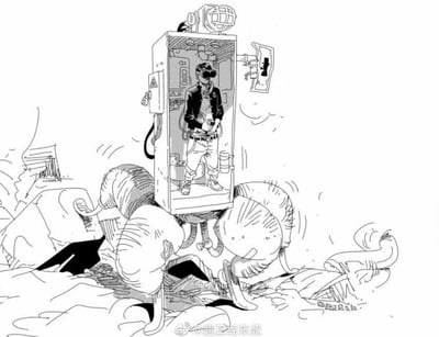 这是一幅黑白手绘讽刺漫画，画面中央是一个封闭的VR体验舱，舱内的年轻人戴着VR头显、手持控制器，沉浸在虚拟世界中，对外部环境毫无察觉。体验舱被几只外形怪异、类似大象的生物用身体托举着，舱体下方的管道连接到这些生物身上，似乎是由它们提供动力。舱体行进在一片荒芜破败的废墟环境中，周围是坍塌的建筑残骸，整体画面充满荒诞感，讽刺了人们过度沉浸虚拟科技，对糟糕的现实视而不见的状态，形成了虚拟的“沉浸”与现实的“破败”的强烈反差。