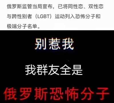 这是一张结合时事新闻的玩梗图文，上方是官方新闻内容：俄罗斯监管当局宣布将同性恋、双性恋与跨性别者（LGBT）运动列入恐怖分子和极端分子名单；下方采用网络流行的「别惹我」梗图模板，分层配文「别惹我」「我群友全是」「俄罗斯恐怖分子」，通过夸张的关联，调侃自己的社交群友大多属于LGBT群体，借时事新闻制造搞笑反差效果。
