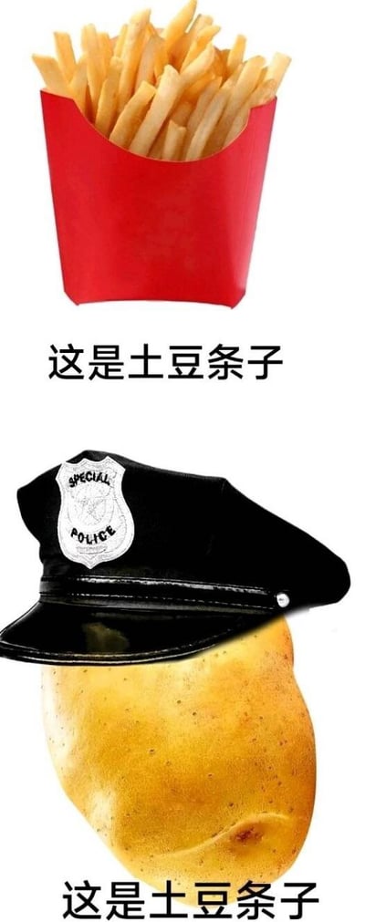 这张图分为上下两个部分，上半部分是装在红色纸盒中的炸薯条，下方配文“这是土豆条子”；下半部分是一个戴着写有“SPECIAL POLICE”字样警帽的完整土豆，下方同样配文“这是土豆条子”。
这是一个中文谐音梗玩法：在中文网络语境里，“条子”常用来指代警察，因此上半部分是土豆制作的薯条（字面意义的土豆条子），下半部分是扮演警察（条子）的土豆，通过重复的文字制造出双重含义的搞笑效果。