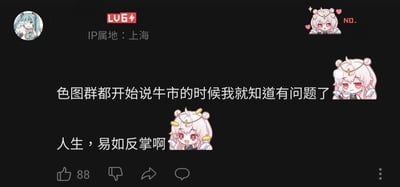 这是一张哔哩哔哩（B站）的评论区截图，发布者的头像为虚拟歌手初音未来，账号等级为LV6，IP属地显示为上海。评论内容分为两段：第一段是“色图群都开始说牛市的时候我就知道有问题了”，搭配一张摆手拒绝表情的二次元表情包；第二段是“人生，易如反掌啊”，搭配一张眼睛带有钱符号、表情得意的二次元表情包，同时在第一段文字右侧还有一张脸红表情的二次元表情包。这条评论获得了88个点赞，整体以玩梗的方式调侃股市行情，利用“反向指标”的逻辑，暗示当连平时不关注股市的小众圈子都开始讨论牛市时，往往是股市即将走弱的信号，带有戏谑和调侃的意味。