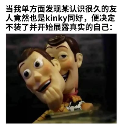 这张梗图上方配有文字：'当我单方面发现某认识很久的友人竟然也是kinky同好，便决定不装了并开始展露真实的自己：'，下方是《玩具总动员》中的胡迪和巴斯光年两个角色拥抱在一起的画面，两人都露出开心的笑容。图片通过卡通角色的亲密互动来幽默地表达发现志同道合的朋友后不再伪装自己的兴奋心情。