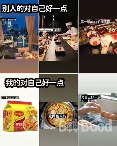图片为2x3的多图拼接对比图，上半部分标题为「别人的对自己好一点」，包含三张高端场景：城市夜景下的fine dining餐厅、寿司吧台厨师现做料理（配文'omakesa 我来咯'）、丰富的海底捞火锅（配文'吃一餐geng的海底捞'）；下半部分标题为「我的对自己好一点」，对应三张接地气场景：Maggi咖喱味泡面包装（配文'买一包maggi面'）、锅里煮着的两包泡面（配文'煮两包来吃'）、从冰箱拿鸡蛋（配文'对自己好一点 加一粒鸡蛋'）。通过强烈的生活品质对比制造幽默自嘲效果，展现普通人对'善待自己'的朴素理解。