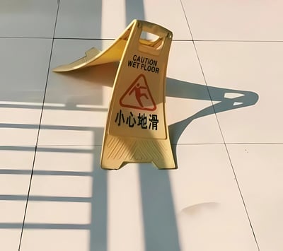 图片中展示了一块黄色的“小心地滑”警示牌，它本应直立放置以提醒行人注意地面湿滑，却意外地侧倒在白色瓷砖地面上。警示牌上印有英文“CAUTION WET FLOOR”和中文“小心地滑”字样，以及一个红色三角形内的滑倒人形图标。阳光照射下，警示牌在地面投下长长的阴影，整体画面因“警示者自身先出意外”的反差产生了幽默讽刺效果。