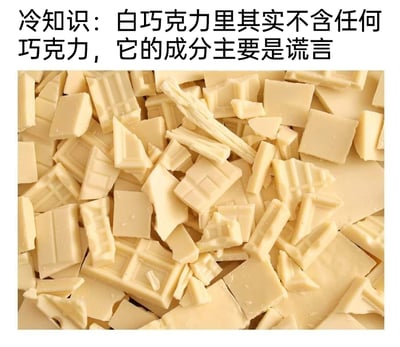 这是一张图文混排的趣味梗图，图片上方配有文字“冷知识：白巧克力里其实不含任何巧克力，它的成分主要是谎言”，下方是一堆被切碎的奶白色白巧克力块，这些白巧克力块有着不同的形状，部分带有华夫格纹路。文字内容是玩梗式的冷知识，真实情况是白巧克力不含传统巧克力的可可液块，仅含可可脂、糖、牛奶等成分，这里用“成分主要是谎言”的夸张表述来制造趣味效果，吸引读者注意。