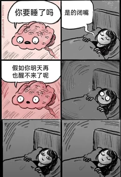 这是一幅六格连环漫画，描绘了大脑与人类之间关于睡眠的有趣对话。第一格中，粉红色的大脑角色睁着大眼睛问："你要睡了吗"；第二格中，躺在床上的人类不耐烦地回答："是的闭嘴"；第三格中，大脑带着担忧的表情继续问："假如你明天再也醒不来了呢"；第四格显示人类听到后惊恐地睁大了眼睛；最后两格展示人类因此陷入担忧而无法入睡的状态。漫画通过拟人化的大脑形象，幽默地表现了人们睡前常常被不必要的担忧思绪困扰的普遍经历。