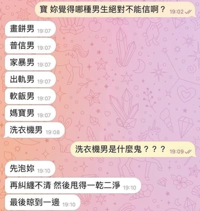这是一段带有台湾腔的中文聊天记录截图，对话围绕「哪种男生绝对不能信」的话题展开：一方先罗列了画饼男、普信男、家暴男、出轨男、软饭男、妈宝男这些大众熟知的不靠谱男性类型，随后抛出了陌生的「洗衣机男」，引发对方的好奇追问。接着回答者用洗衣机的完整工作流程——先泡你、再纠缠不清然后甩得一干二净、最后晾到一边，来类比这类男生的渣男行为，用生活化的家电运作逻辑做比喻，幽默又形象地吐槽了感情里始乱终弃、不负责任的男性，对话充满趣味性，是很接地气的原创网络梗创作。