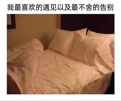 这是一张利用视觉错位效果创作的趣味图片，图片上方配有文字“我最喜欢的遇见以及最不舍的告别”，下方展示了一张凌乱的床铺，床单与被子的褶皱恰好组合成类似一个人蜷缩在床侧的形态，制造出床铺“有人”的视觉错觉。文字与视觉画面呼应，将每天睡觉（遇见床铺）和起床（告别床铺）这一日常小事，赋予了温情又略带调侃的情绪，表达了人们对舒适床铺的喜爱与依赖，用生活化的场景传递细腻的情绪感。