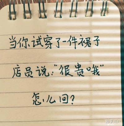 这张图片是一张笔记本上的手写梗图，内容是：“当你试穿了一件裙子，店员说：‘很贵哒’ 怎么回？”整体以轻松幽默的语气探讨社交尴尬场景，适合大家拿来讨论脑洞回复。文字可能暗含双关：既可以理解为“裙子价格很贵”，也可能暗示“你穿着很‘贵气’”，引发网友自嘲或调侃。