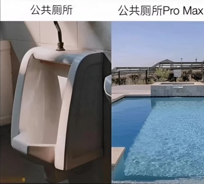 图片左侧为普通公共厕所内的小便池，瓷砖墙面背景简洁；右侧为室外游泳池，池水清澈，周围有休闲设施和蓝天背景。上方文字分别标注“公共厕所”与“公共厕所Pro Max”，通过模仿科技产品“Pro Max”的命名方式，幽默夸张地对比普通公共厕所与奢华设施，形成搞笑反差效果。
