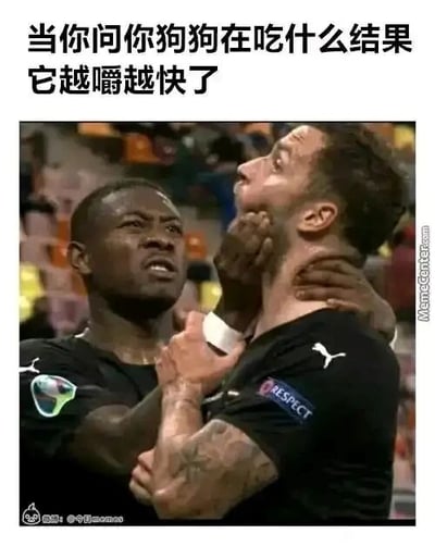 这是一张经过二次创作的搞笑梗图，主体是足球赛事的现场截图。图中一名黑人足球运动员双手控制住另一名球员的头部与颈部，被控制的球员头部抬起、嘴巴张开，这个赛场动作被网友配上“当你问你狗狗在吃什么结果它越嚼越快了”的文字，将球员的动作类比成狗狗偷吃被主人发现后，以为自己的行为被制止，于是加快咀嚼速度的样子，用拟人化的方式把足球赛场的动作和宠物的有趣行为结合起来，制造出荒诞又搞笑的幽默效果，能让有养宠经历的人联想到自家狗狗的类似反应，引发共鸣。