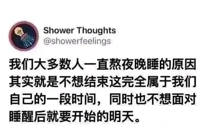 这是一张经过翻译改编的社交媒体截图，属于图文混排的静态单图。图中左上角是Twitter（X）账号“Shower Thoughts”的标识与账号名@showerfeelings，下方是一段中文文字，精准剖析了当代多数人熬夜晚睡的深层心理：人们不愿结束仅属于自己的私人时间，同时对即将到来的工作日或忙碌的明天带有逃避情绪，这段文字精准戳中了很多当代人的情绪痛点，极易引发共鸣。