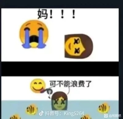 这是一张由上下两部分构成的连环搞笑梗图，属于利用emoji表情创作的网络段子图。上半部分呈现的是一个大哭的黄色圆形表情，配文“妈！！！”，旁边是一个双眼画叉、代表死亡状态的人物表情，营造出亲人离世的悲伤氛围；下半部分则是一个流口水的笑脸表情，手持类似针管的器具对准那个死亡表情，配文“可不能浪费了”，背景还搭配了多个蜜蜂图案。这张图的核心笑点在于谐音梗：“妈亡”谐音“蚂王（蜂王）”，将原本悲伤的“母亲去世”场景，通过谐音转换为“蜂王死亡，要收集蜂蜜避免浪费”的荒诞搞笑场景，用强烈的反差感和谐音制造出戏谑的喜剧效果。