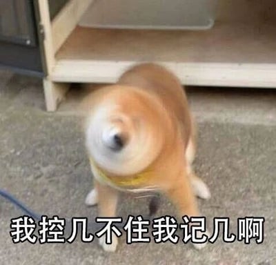这是一张文字加注的静态表情素材图，画面主体是一只戴着黄色项圈的柴犬，它的头部因为快速甩动而变得模糊，呈现出不受控制的状态。图片下方配有谐音文字“我控几不住我记几啊”，是“我控制不住我自己”的谐音化表达，用狗狗失控甩头的有趣画面搭配搞笑文字，生动地传递出无法控制自身行为、情绪的状态，常被用作表情包，在网络聊天中用来调侃自己或他人忍不住做某事时的心情，充满趣味性和感染力。