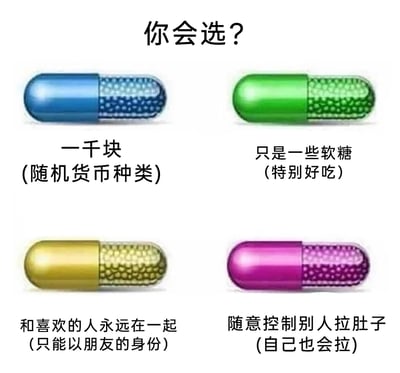 这是一张用于互动娱乐的趣味选择类静态图文图，顶部以文字“你会选？”发起提问，下方展示了四个不同颜色的3D胶囊，每个胶囊对应一个充满脑洞的特殊选项：蓝色胶囊对应可获得随机货币种类的一千块；绿色胶囊对应特别好吃的软糖；金色胶囊对应能以朋友身份和喜欢的人永远在一起；紫色胶囊对应可随意控制别人拉肚子但自己也会同步拉肚子的特殊能力。通过这些反差感、脑洞感拉满的选项，引发观看者的讨论与选择欲，属于网络上流行的趣味梗图类型。