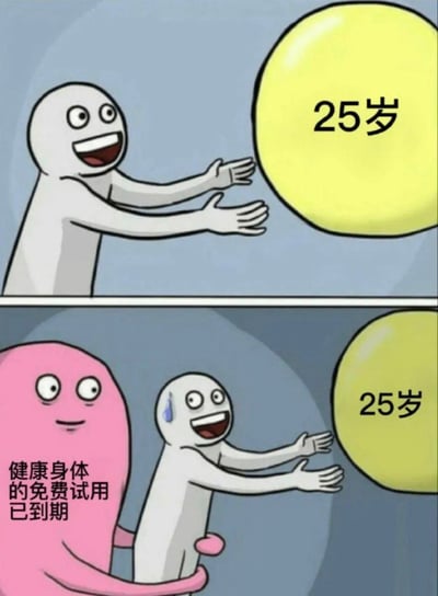 这是一张上下两格的连环梗图：
上半格：白色卡通小人双眼发亮、兴奋地张开双手，迎接前方写着「25岁」的黄色圆球，对25岁充满期待；
下半格：小人依旧伸手迎接「25岁」，但背后被一个面带微笑的粉色卡通形象抱住，粉色形象身上写着「健康身体的免费试用已到期」，此时小人额头冒出冷汗，笑容变得勉强尴尬。

这个梗图调侃了当代年轻人到25岁后，身体状态开始下滑的普遍感受，把之前的健康比作「免费试用」，25岁就到了「到期」的节点，精准戳中了年龄焦虑和健康焦虑。
