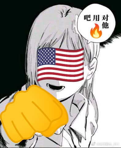 黑白卡通风格表情包，画面主体为一位长发卡通角色，其面部被美国国旗图案完全遮挡，仅露出微笑的嘴角。角色右手向前伸出，握着一个体积夸张的黄色拳头，姿态充满动感与力量感。角色头部右侧有一个白色对话框，内含文字“吧用对他”及火焰🔥表情符号，整体构图夸张且富有视觉冲击力，可能用于幽默调侃或表达强烈情绪。