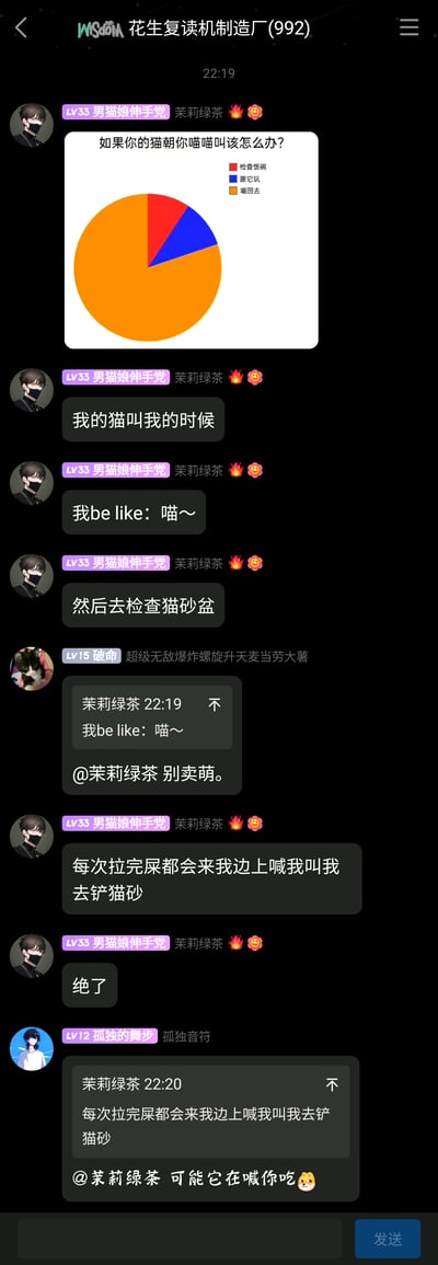 这是一张QQ群“花生复读机制造厂(992)”的聊天记录截图，群成员“男猫娘伸手党（昵称茉莉绿茶）”首先分享了一张趣味饼图，主题为“如果你的猫朝你喵喵叫该怎么办？”，饼图显示大部分人的选择是“喵回去”，小部分是“检查饭碗”和“跟它玩”。接着该成员分享自己的养猫日常：当猫叫自己时，会先学猫叫回应，然后去检查猫砂盆，还提到自家猫每次拉完屎都会来喊自己去铲猫砂。随后群成员“破命”调侃他别卖萌，成员“孤独的舞步”则玩梗调侃称猫是在喊他吃，整个聊天过程轻松搞笑，充满了群友之间的趣味互动，展现了养猫人的日常趣事和群聊的欢乐氛围。