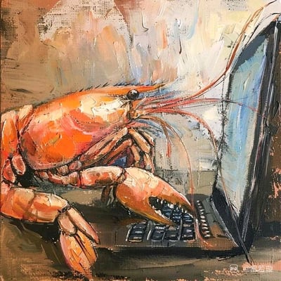 这是一幅油画风格的静态单图，画面以厚重的油彩笔触塑造出一只橙红色的小龙虾，它被赋予了人类的行为，正用自己的螯肢放在笔记本电脑的键盘上，做出敲击键盘办公的动作，仿佛像职场打工人一样在忙碌工作。背景是朦胧的暖色调，进一步突出主体。这幅画采用拟人化的创意手法，幽默地调侃了当代职场人忙碌工作的状态，没有谐音梗或双关含义，整体风格诙谐又带着对职场生活的无奈感。