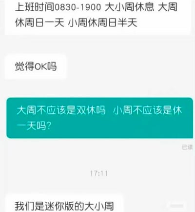 这是一张关于公司“大小周”休息制度的聊天截图表情包，内容是HR介绍上班时间和休息安排，被员工吐槽“大周不双休，小周不单休”，最后HR自嘲“我们是迷你版的大小周”。整体表达了职场对休息制度的无奈和搞笑，也暗含对奇葩制度的不满。

有双关/讽刺的意味：用“迷你版”讽刺公司打着大小周旗号，实际上却减少了休息天数。