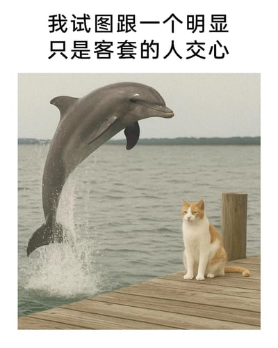 这是一张图文结合的网络梗图，上方配有文字“我试图跟一个明显只是客套的人交心”，下方画面呈现出一只海豚热情地从水面高高跃出，身体朝向坐在码头木质平台上的橘白猫咪，姿态充满了主动靠近的热情；而猫咪则面无表情地坐着，眼神冷漠敷衍，完全没有回应海豚的热情。这组动物互动的画面精准地比喻了社交中一方真诚想要交心，另一方却只是客套应付的尴尬场景，戳中了很多人在社交里遭遇热脸贴冷屁股的无奈情绪，用生动的视觉化方式传递出这种错位的社交感受。