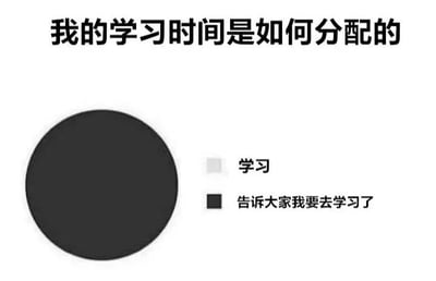 这是一张幽默讽刺类梗图，标题为“我的学习时间是如何分配的”。图中左侧是一个几乎占据全部画面的黑色圆形，右侧有两个标签：上方是用浅灰色小方块标注的“学习”，下方是用黑色小方块标注的“告诉大家我要去学习了”。通过夸张的视觉对比，讽刺了部分人“宣称要学习”的时间远多于“实际学习”时间的现象，幽默地反映了当代人尤其是学生群体中存在的“摆拍式学习”或“形式主义学习”的调侃。