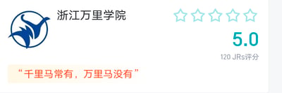 这是一张来自虎扑社区的学校评分页面截图，页面呈现了浙江万里学院的相关评分内容：左上角是浙江万里学院的蓝色校徽，旁边标注学校名称；右侧显示该学校的用户评分为5.0满分，共有120位虎扑用户（JRs）参与评分。页面下方的橙色框内是一条用户评论：“千里马常有，万里马没有”，这句话改编自唐代文学家韩愈《马说》中的经典名句“千里马常有，而伯乐不常有”，巧妙结合学校名称里的“万里”二字玩了谐音梗，将“千里马”对应衍生出“万里马”，以戏谑的语气调侃该校缺乏格外出众的人才，属于带有吐槽性质的趣味评论。
