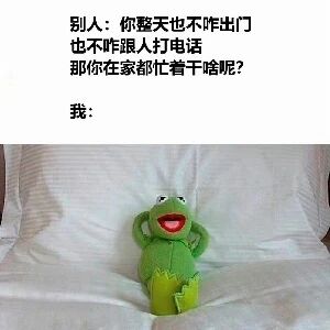 这是一张图文混排的搞笑梗图，采用顶配底文的形式呈现。上方是他人的提问文字：“你整天也不咋出门也不咋跟人打电话那你在家都忙着干啥呢？”，下方是布偶形象科米蛙，它双手枕在头后，仰躺在床上，张嘴露出放松的神态，用这个画面来回应提问，幽默地表达自己宅家并没有忙碌的事情，只是躺着摆烂、享受放松的状态，精准戳中当代部分人群的宅家日常，容易引发共鸣。