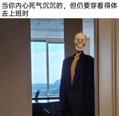这是一张极具共鸣感的职场自嘲梗图，画面主体是一个穿着深色西装、系着领带的骷髅，它站立在办公室的门口位置，背景是带有大落地窗的办公场景，窗外可以看到城市的远景。图片上方配有文字“当你内心死气沉沉的，但仍要穿着得体去上班时”，用骷髅来比喻被工作消磨得失去活力、内心枯竭的职场人，外在维持着职场需要的得体形象，内在却早已疲惫不堪，精准戳中了当代打工人被工作消耗、被迫营业的精神状态，引发职场群体的强烈共鸣。