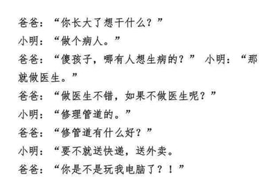这是一个经典的父子爆笑文字梗图，小明和爸爸进行了一段关于“长大想干什么”的问答。小明的回答总是出乎意料，从“做个病人”到“修理管道”，再到“送外卖”，把爸爸不断气到崩溃。最后一句“你是不是玩我电脑了？！”暗示小明受到网络、游戏、视频等次文化的影响，形成了和主流不同的价值观，对话中巧妙融入了对社会现象的调侃，非常适合年轻网友在社交平台用来自嘲或互相调侃。文本有层层反转的幽默和一定的网络亚文化风格，结尾有点类似双关或暗示网络影响的意味。