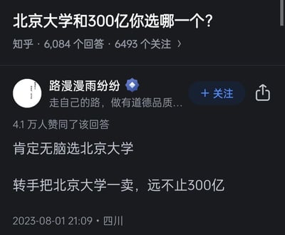 这是一张知乎问答的截图，问题为「北京大学和300亿你选哪一个？」，答主「路漫漫雨纷纷」给出了一个脑洞大开的搞笑回答：「肯定无脑选北京大学，转手把北京大学一卖，远不止300亿」，该回答获得了4.1万人赞同。回答的笑点在于打破常规的价值对比思路，用荒诞且不可能实现的「买卖北京大学」的逻辑来回应问题——北京大学作为公立高校根本无法被个人买卖，这种离谱的换算制造出强烈的搞笑效果。