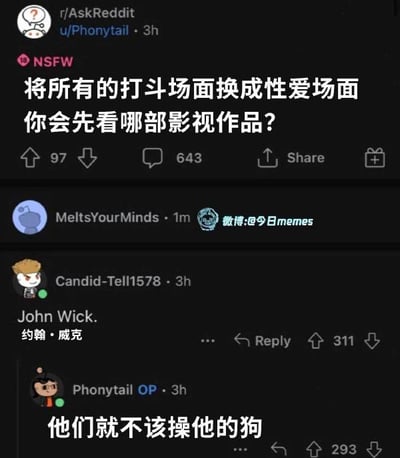 这是Reddit论坛r/AskReddit板块的帖子互动截图。楼主提出开放式问题“将所有的打斗场面换成性爱场面你会先看哪部影视作品？”，有网友回复选择《疾速追杀》（John Wick），楼主随即玩梗回复“他们就不该操他的狗”——这个回复改编自《疾速追杀》的核心剧情：约翰·威克因为爱犬被杀害而开启疯狂复仇，这里将“杀狗”替换为“操狗”，完美贴合提问里“用性爱场面替换打斗场面”的设定，形成荒诞搞笑的玩梗效果。