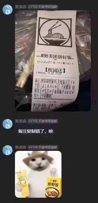 这是一张社交媒体聊天记录截图，包含两条消息。第一条消息展示了一张外卖订单 receipt，上面印有“#98美团拼好饭《校园餐》”字样及部分日文与中文混合的备注文本，用户配文“备注复制错了，唉”，透露出因复制错误备注导致的无奈。第二条消息是一张 meme 图，内容为一只戴着帽子的猫手持印有“拼好饭”字样的黄色包装，整体场景幽默地呼应了外卖备注出错的主题。