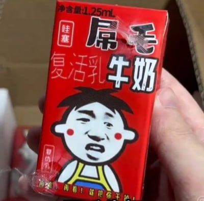这是一款模仿旺仔牛奶包装的恶搞饮品包装，整体采用旺仔牛奶标志性的红色主色调。包装顶部标注净含量为1.25mL，左上角有“哇塞”字样；核心名称为“屌毛复活乳牛奶”，其中“屌毛”是低俗趣味的恶搞称呼，“复活乳”则是对旺仔牛奶“复原乳”的谐音改编。包装正面的卡通人物保留了旺仔的发型与黄蓝配色的服饰，但脸部被替换成一个表情滑稽搞怪的真人面孔，脸颊还保留了旺仔标志性的红圆点。包装左侧有竖排的“复仇乳”字样，底部印有“再看、再看！就把你干掉！”的恶搞文字，包装外层的塑封有破损痕迹。整体是对经典饮品包装的搞笑二次创作，通过谐音梗、形象替换制造反差笑点，充满玩梗、恶搞的趣味。