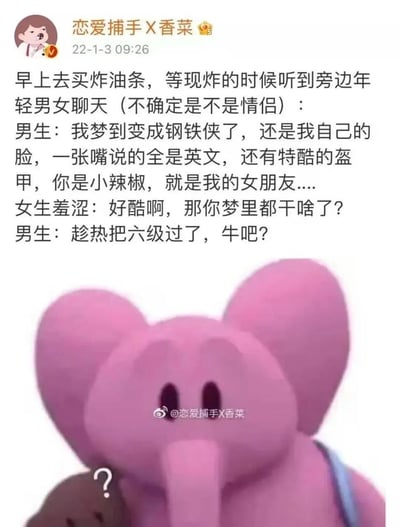 一张微博截图，内容是用户分享的搞笑经历：早上买炸油条时听到旁边年轻男女的对话，男生说自己梦到变成钢铁侠，说英文，还有酷盔甲，称女生为小辣椒，女生问梦里做了什么，男生回答'趁热把六级过了'。图片下方配有一个粉色大象表情包，表情困惑，带有问号。