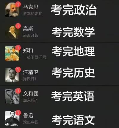 这是一张多图拼接的搞笑梗图，通过将不同历史人物与对应学科考试进行幽默关联，展现学生考完各科后的调侃心态。图中包含六个纵向排列的黑色背景板块，每个板块左侧为历史人物头像（带红色数字1标识），右侧为白色大字学科名称，人物下方配有与学科相关的戏谑评语。例如马克思对应政治考试，评语为“资本的走狗”；高斯对应数学考试，评语为“还没开智”等。