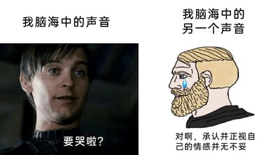 这是一张左右分栏的对比式梗图，通过展现脑海中两种不同声音的对话，探讨对待负面情绪的态度。左侧是电影《蜘蛛侠3》中托比·马奎尔饰演的被共生体附身的黑蜘蛛侠截图，上方标注“我脑海中的声音”，下方配文“要哭啦？”，人物表情戏谑，带着一种调侃式的质问，模拟出内心那个试图压抑脆弱、嘲讽自身情绪的声音；右侧是一个原创的金发留胡须的卡通男性形象，他眼中含泪，上方标注“我脑海中的另一个声音”，下方配文“对啊，承认并正视自己的情感并无不妥”，传递出接纳自身脆弱、坦然面对情绪的正向观念。整张图通过强烈的对比，倡导人们不要压抑自己的真实情感，正视内心的脆弱是合理且必要的。