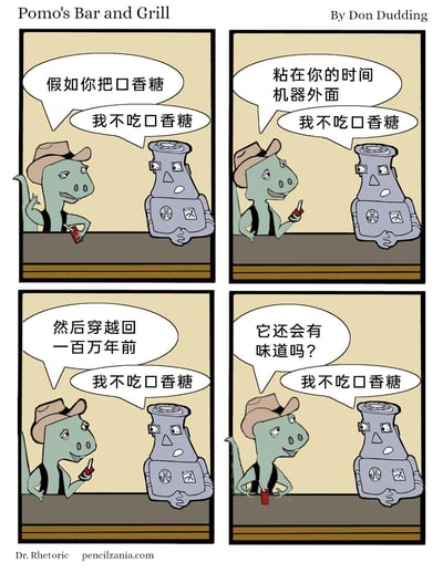 这是一幅由Don Dudding创作的四格卡通漫画，场景设定在名为“Pomo's Bar and Grill”的酒吧内。戴牛仔帽的恐龙顾客不断向机器人抛出一个充满科幻脑洞的假设性问题：设想将口香糖粘在时间机器外部，穿越回一百万年前，这块口香糖是否还会保有味道？而机器人全程刻板地重复回应“我不吃口香糖”，完全无视恐龙的假设，通过这种答非所问的反差感，制造出冷幽默的喜剧效果，展现了无厘头的脑洞与机械回应之间的趣味冲突。