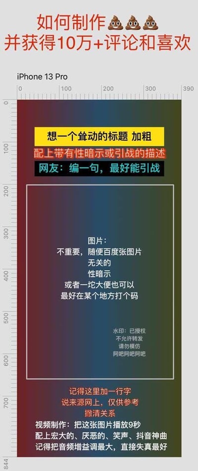 这是一张以竖屏手机格式呈现的讽刺类图文指南，用反讽的手法详细拆解了部分网络平台上，为博取流量、获得高互动量而制作低质内容的全套投机取巧流程。图中以醒目的便便表情搭配标题，从标题撰写、文案描述、图片选择、免责声明添加到视频制作，每一步都精准戳中了标题党、擦边球、引战、夸张音效等不良流量密码的痛点，全程充满对流量至上、内容粗制滥造乱象的调侃与批判，通过还原这类低质内容的创作逻辑，讽刺了当下网络中为流量不择手段的不良风气。